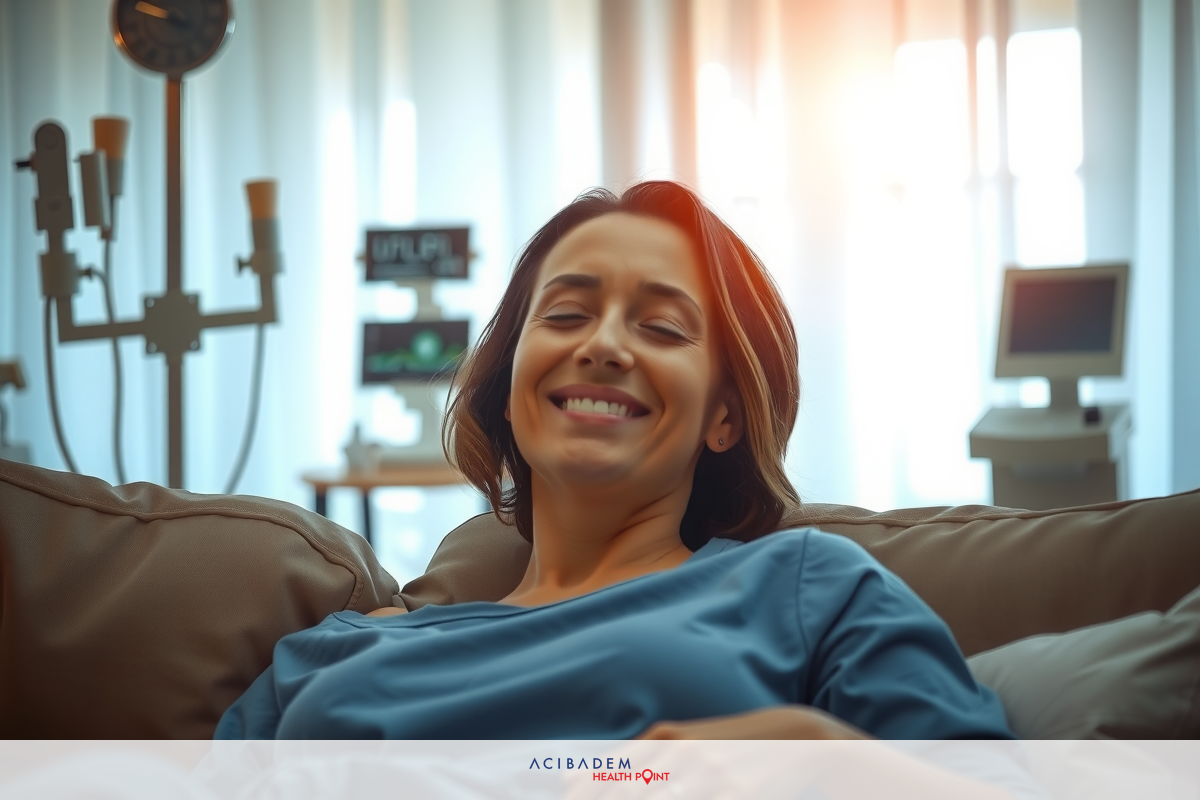 The image shows a woman smiling and relaxing on a couch. She is wearing hospital gown, indicating she might be in the middle of or just finished a medical procedure. The environment suggests a living room setting with daylight coming through the windows.