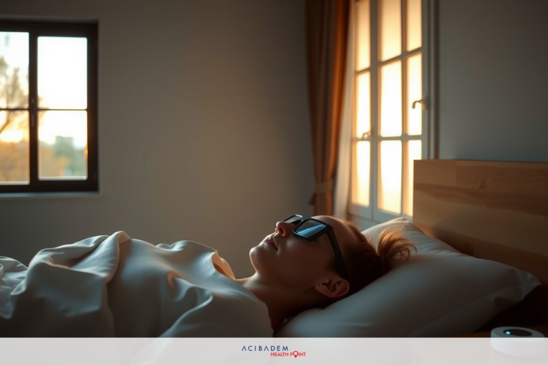 The image shows a woman lying in bed, seemingly asleep or resting with her head on a pillow. She appears to be in a comfortable and quiet environment, possibly at home.