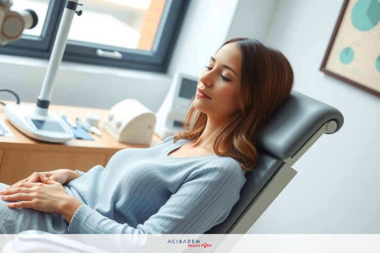 The image shows a woman sitting in an examination chair in what appears to be a medical office. She is wearing a light blue or gray outfit and has her hands on her abdomen.