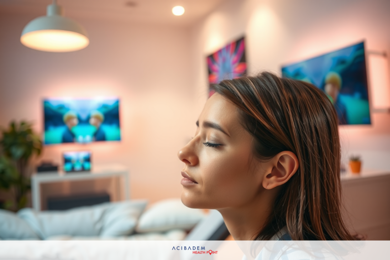 The image shows a woman sitting on a couch in what appears to be a living room. She is looking down and seems to be deep in thought or possibly experiencing some form of intense emotional moment.