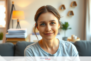The image shows a woman with blue eyes and light hair, smiling towards the camera. She is wearing a gray sweatshirt and appears to be in a living room setting, as evidenced by the presence of couches and indoor furnishings. The overall ambiance is warm and inviting.