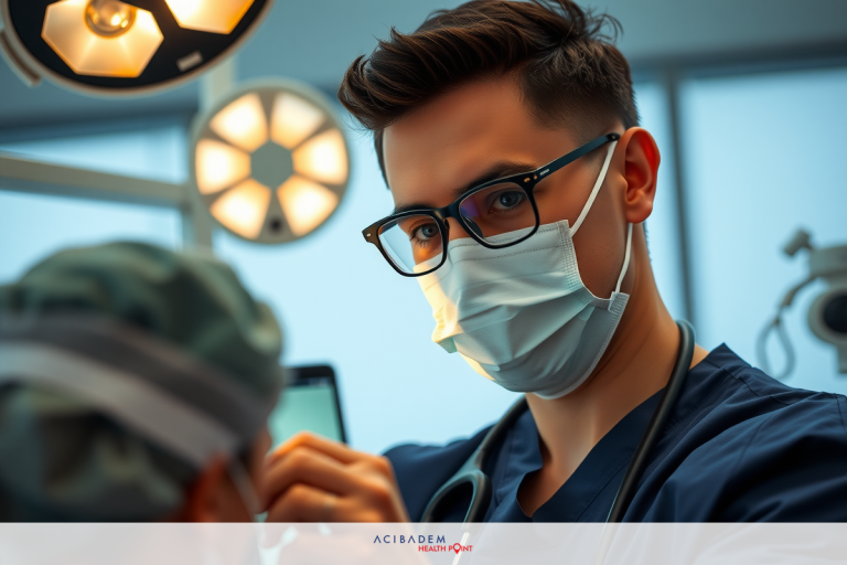 The image shows a medical professional, presumably a doctor, performing a procedure on a patient. The doctor is wearing full protective gear, including a surgical mask and glasses.