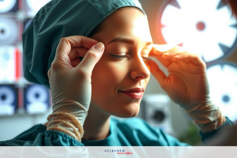 The image shows a medical professional, possibly a doctor or surgeon, performing an eye examination on a patient. The medical professional is wearing protective gear and is focused on the task at hand.