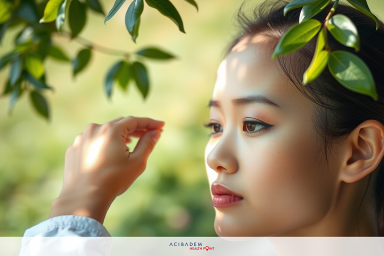 The image features a young woman looking upwards towards a tree. Her hand is placed near her ear as if she's listening to the sound of birds.