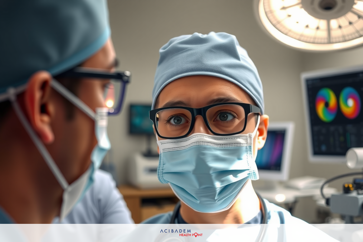 Medical professionals in an operating room, engaged in a discussion. Two doctors wearing surgical masks and blue scrubs are looking at each other with focused expressions.