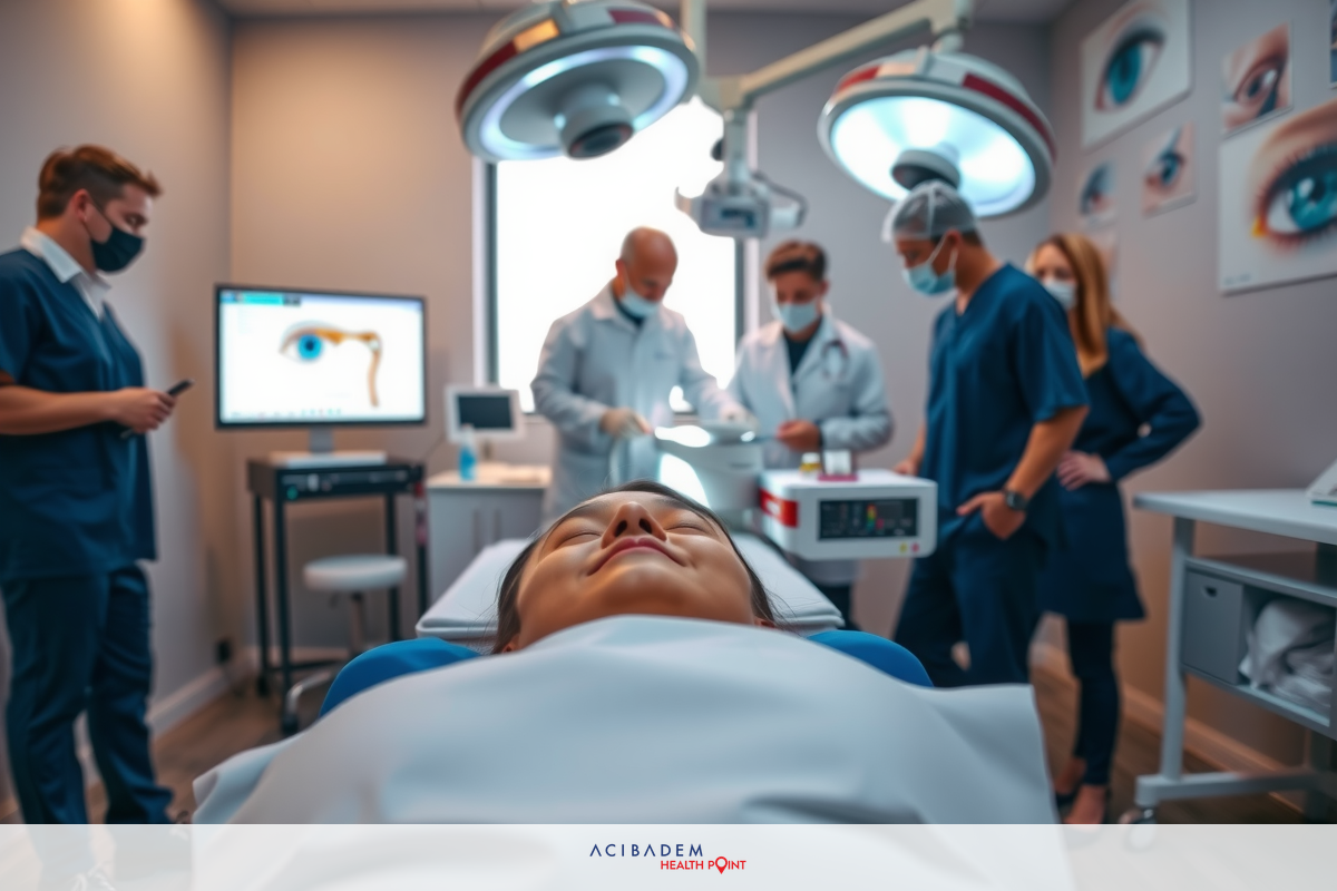 The image shows a medical setting with a group of doctors and nurses attending to a patient lying on a hospital bed. The patient appears to be undergoing an examination, possibly related to eye health given the presence of equipment that suggests ophthalmic care.