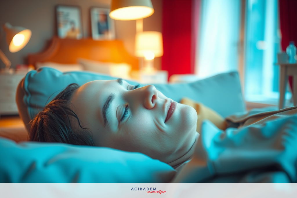 The image shows a person lying down in a bed, with their head on the pillow. The room has soft lighting and is decorated with what appear to be framed pictures on the wall.