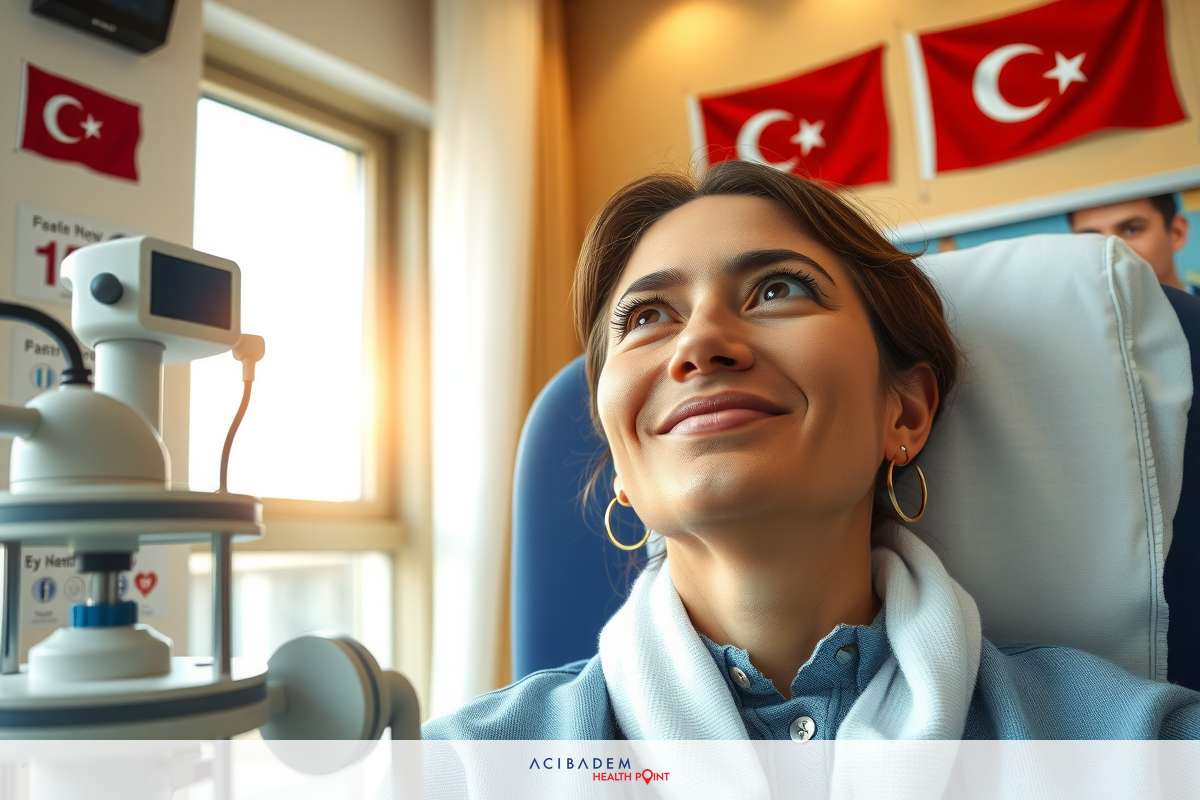 The image shows a woman smiling as she receives medical treatment. The room features a window with light coming in, possibly indicating daylight outside. There are decorations on the wall resembling the Turkish flag, suggesting that this scene may be taking place in Turkey.