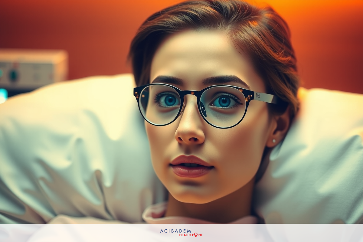 A woman is lying in a hospital bed with her eyes closed. She is wearing glasses and has short hair. The room has orange lighting.