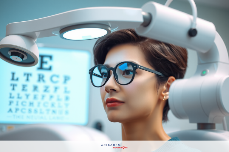 The image shows a woman inside an optometrist's office. She is seated in a chair. The machine includes equipment for visual acuity testing, such as a light source and lenses for distance and near vision tests.