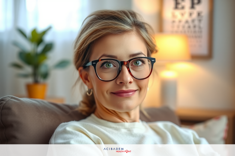 Can You Have LASIK in Just One Eye? A woman with blonde hair is seen wearing glasses and a light blue sweater. She has a neutral expression on her face and appears to be sitting in an indoor setting, possibly a living room or office.