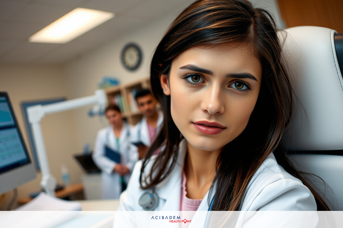 Woman in white lab coat looking upwards. Medical environment with doctors and computer monitors in the background.