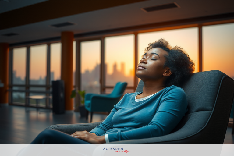 A young woman with closed eyes, sitting on a modern chair in an office at sunset. The environment is peaceful and quiet, suggesting she is taking a moment to relax or meditate.