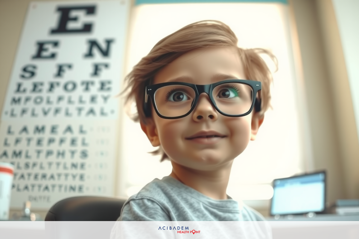 The image depicts a young child wearing oversized glasses. The child has blonde hair and is looking to the side with a slight smile.
