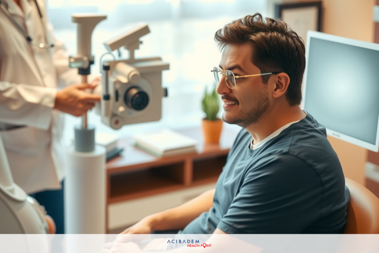 In a medical setting, a man dressed in a hospital gown sits with his head back as he receives an eye examination from a doctor.