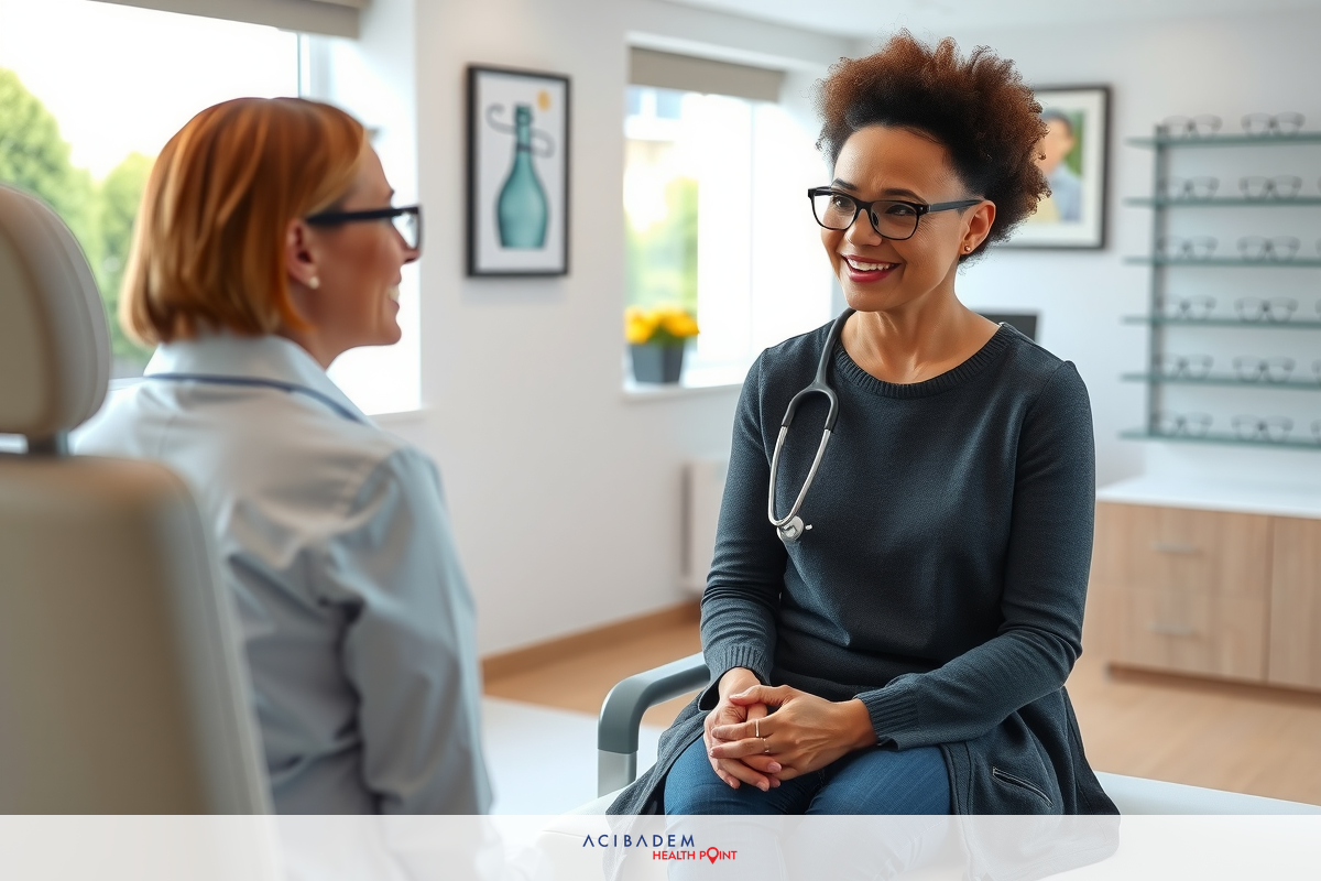 Two women in an office setting with modern decor, one sitting and smiling while the other stands and engages in conversation.