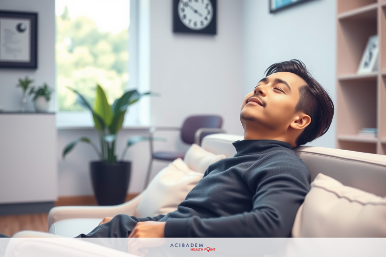 This is an image of a man in a modern office setting. He appears to be relaxing or taking a break. The man is seated on a comfortable couch with his hands crossed over his lap and he's looking upwards.