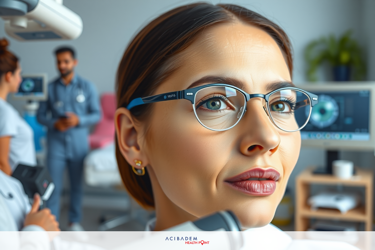 The image features a woman seated in what appears to be a medical office. She is wearing eyeglasses and has a friendly expression on her face, suggesting that she is engaging with the viewer.