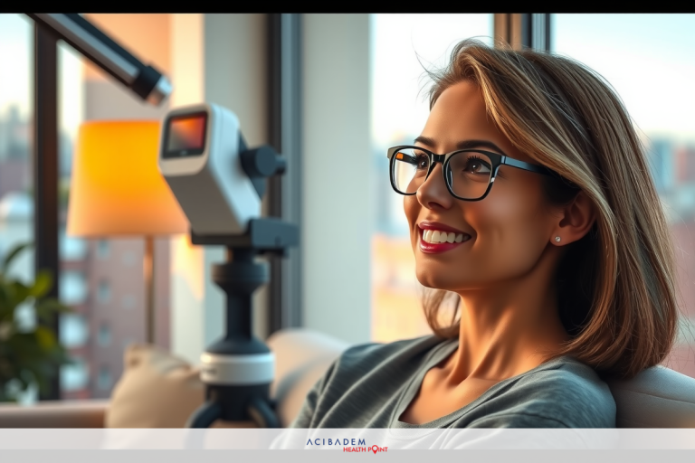 A woman with brown hair and glasses is sitting on a couch, smiling at the camera. She's wearing a gray shirt and appears to be in a room with city lights visible through the window.