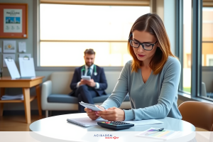 The image shows a professional setting, likely an office or meeting room. In the foreground, there is a woman sitting at a table with a notebook open in front of her. She appears to be focused on work.