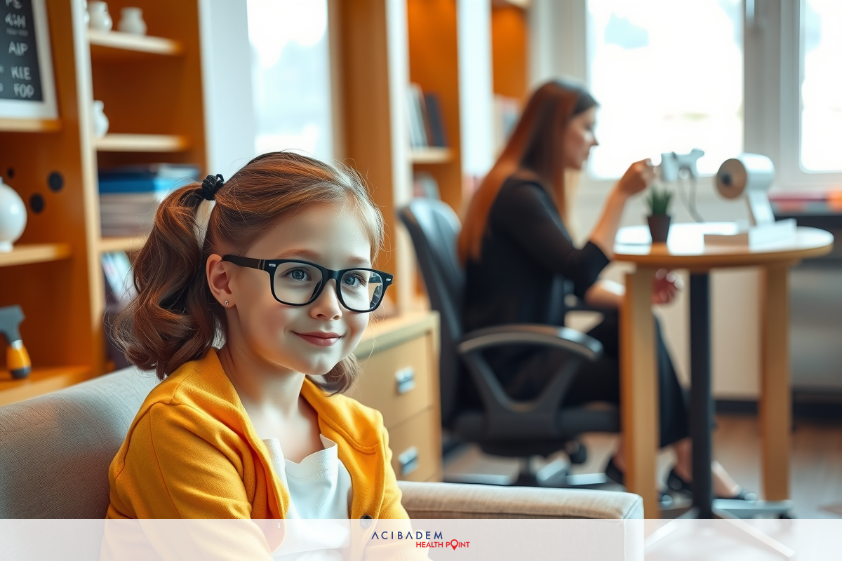 The image depicts a young girl seated in an office setting. She is wearing glasses and has her chin resting on her hand, giving the impression of deep thought or contemplation.