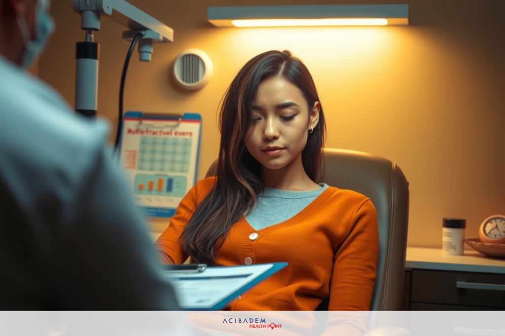 Can i Get LASIK If My Eyes Arent That Bad The image depicts a scene from a medical examination room with a female patient and two healthcare professionals. The woman is seated in an examination chair, wearing a bright orange top with her hair pulled back.