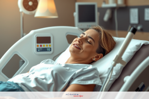 The image depicts a woman lying in a hospital bed, wearing a medical gown. She appears relaxed with her eyes closed and is smiling subtly. The hospital room is well-equipped with various medical devices and screens displaying patient information. The color scheme of the room is neutral and sterile, suggesting a clinical environment.