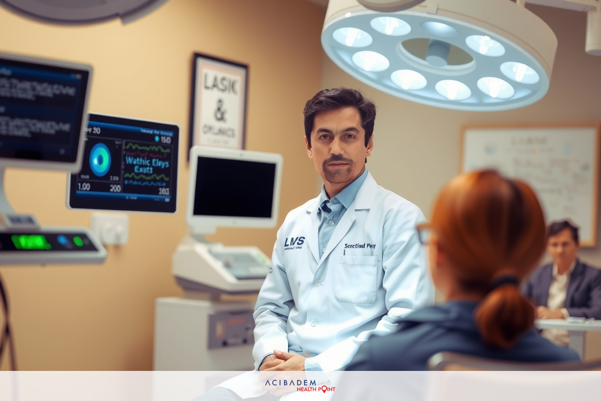 In an indoor medical setting, a man in a white coat is seated at a desk with a woman. The background includes medical equipment such as monitors.