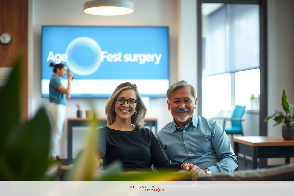 A man and woman sitting in an office environment, smiling at the camera. They are wearing business attire, suggesting a professional setting. A large screen is behind them. The overall color palette is soft with blues and greens dominating the scene.