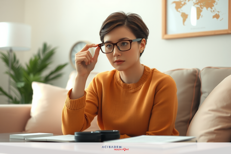 The image shows a woman sitting at a desk in an indoor setting, possibly an office. She is wearing glasses and has short hair.