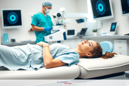 Do They Cut Your Eye in LASIK? The image shows a medical setting with a woman lying down on a medical examination table. There is a healthcare professional standing to the side, wearing surgical scrubs and a face mask. The environment includes various pieces of medical equipment such as monitors and screens, indicative of a modern hospital or clinic.