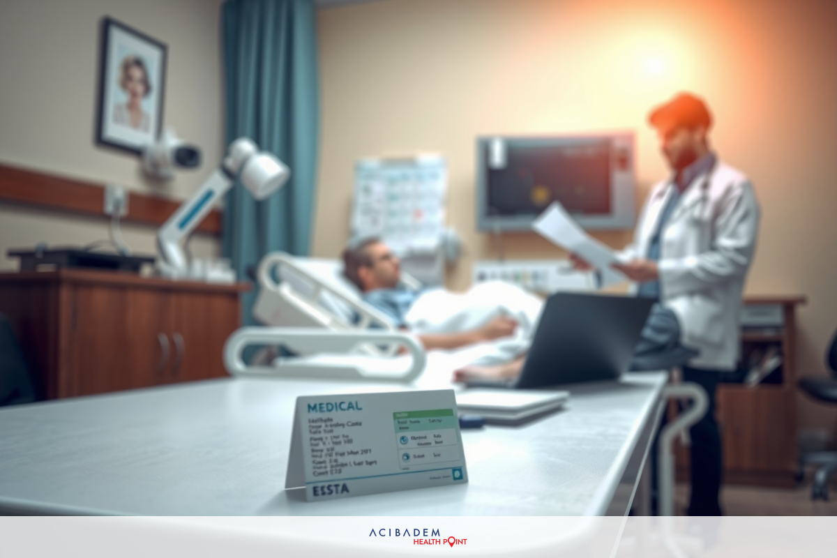 A doctor examining a patient in a hospital room. A laptop is open on the table, likely for medical record access.