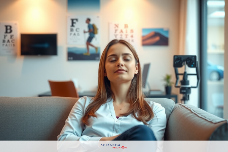 A young woman is sitting on a couch, her eyes closed and hands resting on her lap. She appears to be in a calm or contemplative state. The room around her has modern decor.