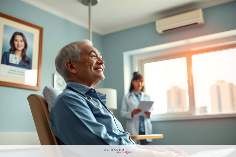 The image features a smiling man seated in a wheelchair in a hospital room. He is the central figure, looking at something with interest or amusement. Behind him stands another person, possibly a caregiver or medical professional.