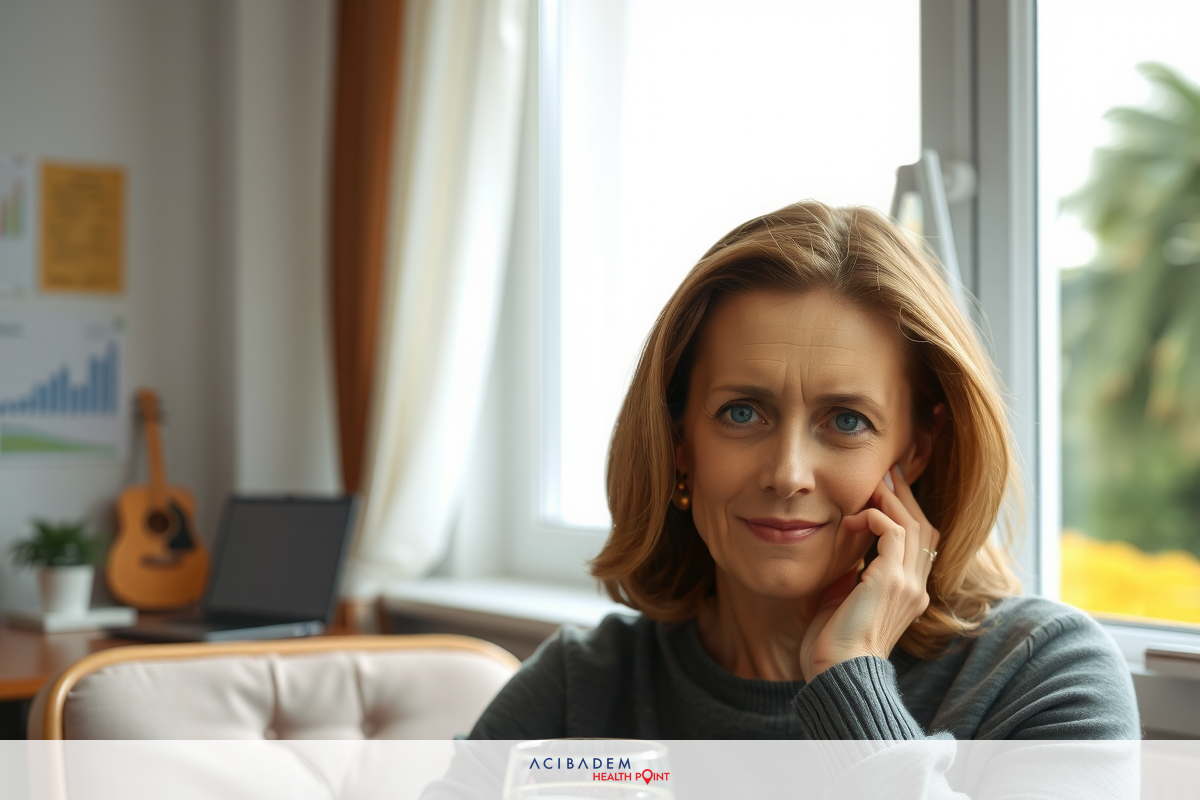 The image features a woman sitting on a couch in an interior setting. She appears to be in the midst of a conversation. The woman is dressed casually, wearing a long-sleeved shirt and slacks, suggesting a comfortable, informal environment.