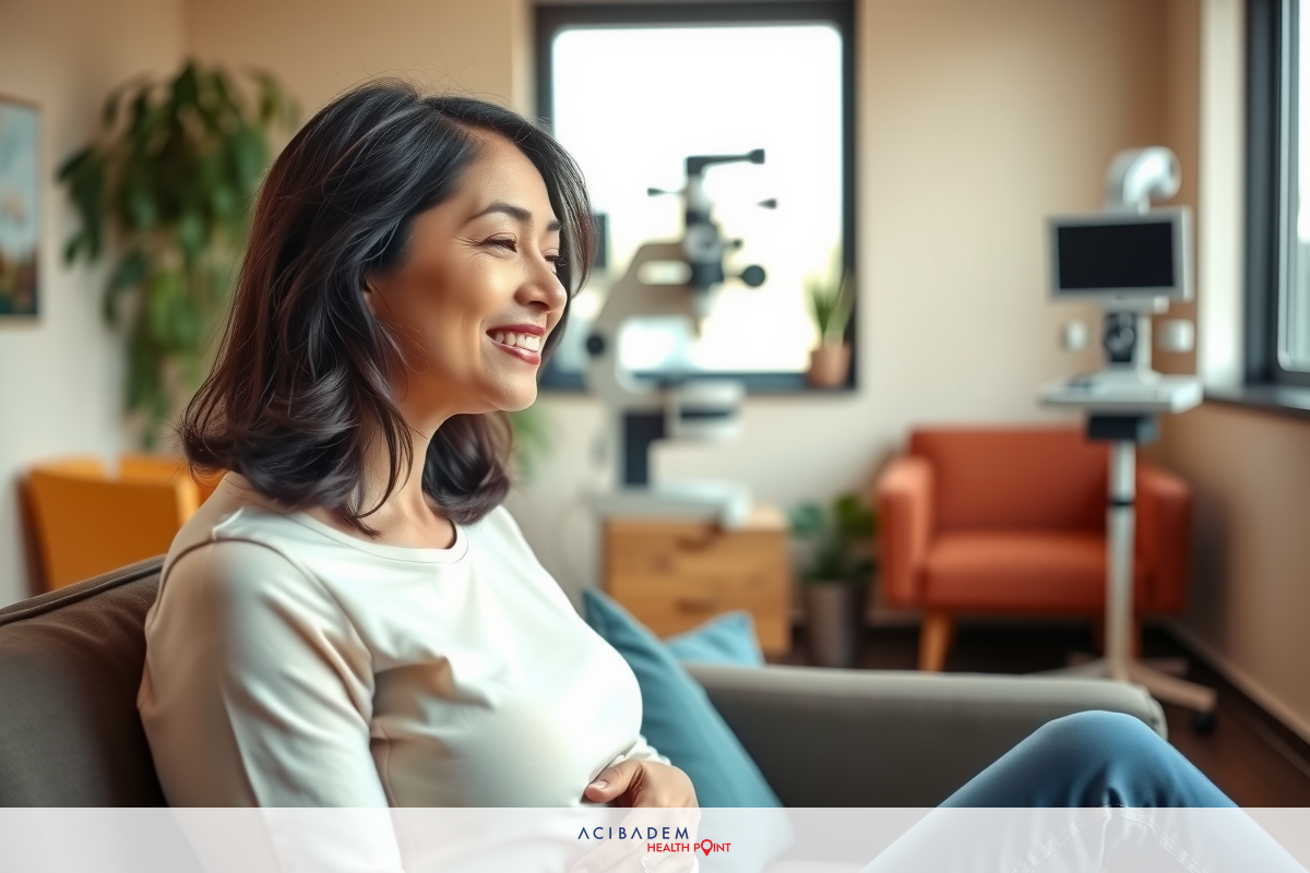 Smiling woman sitting on couch in office, wearing white shirt and blue jeans. Beige walls with large window allowing natural light to fill the room.