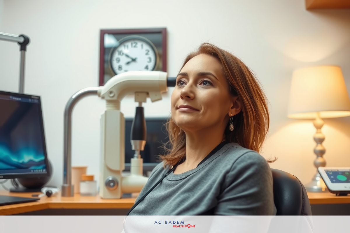 In the image, a woman is seated in an office setting. She appears to be receiving medical treatment or consultation with a doctor. The environment includes typical office furniture such as chairs and desks.