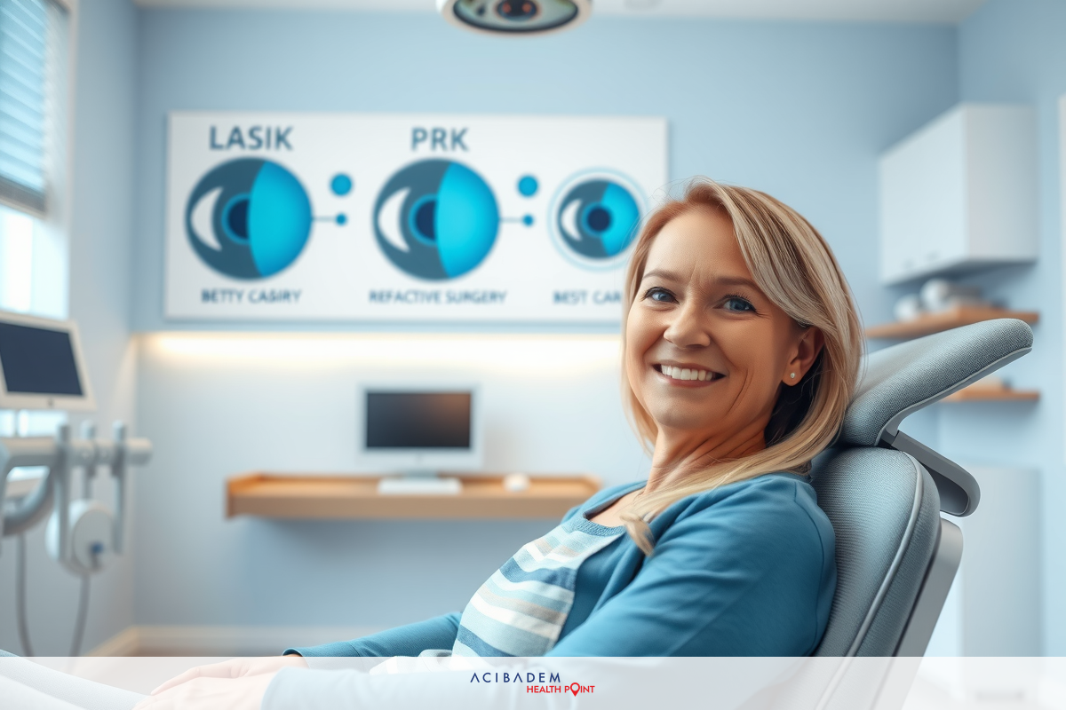 The image shows a woman seated in a examination chair, possibly receiving treatment. She appears relaxed and is smiling at the camera. The background includes modern medical equipment indicative of a professional medical office setting.