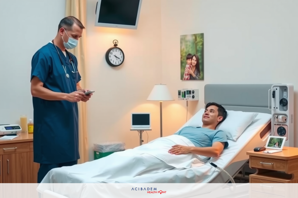 A medical professional in a hospital setting, dressed in scrubs and wearing surgical mask. They are checking the patient's vitals on an electronic device.