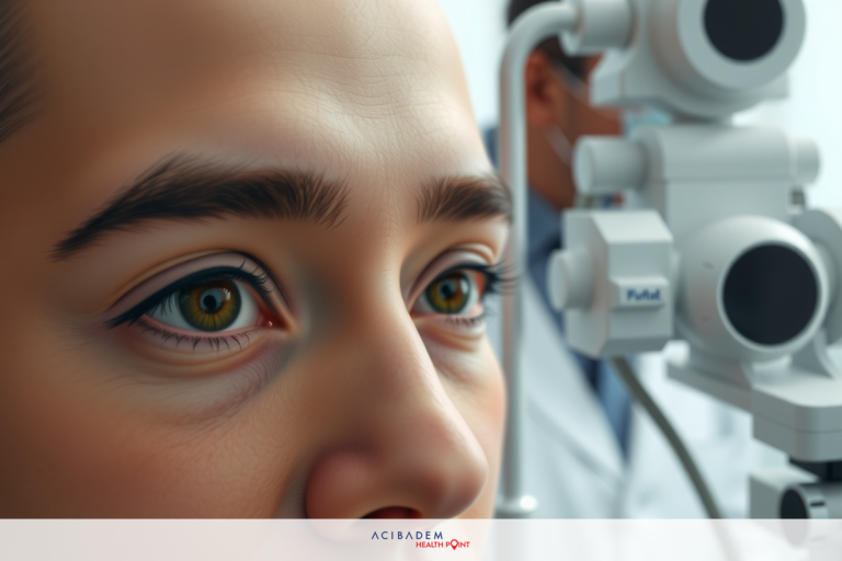 Can LASIK be done if you have a lazy eye? The image shows a close-up of a person in an examination room undergoing an eye exam with an ophthalmoscope. There is a healthcare professional on the right side of the frame, likely conducting the examination.