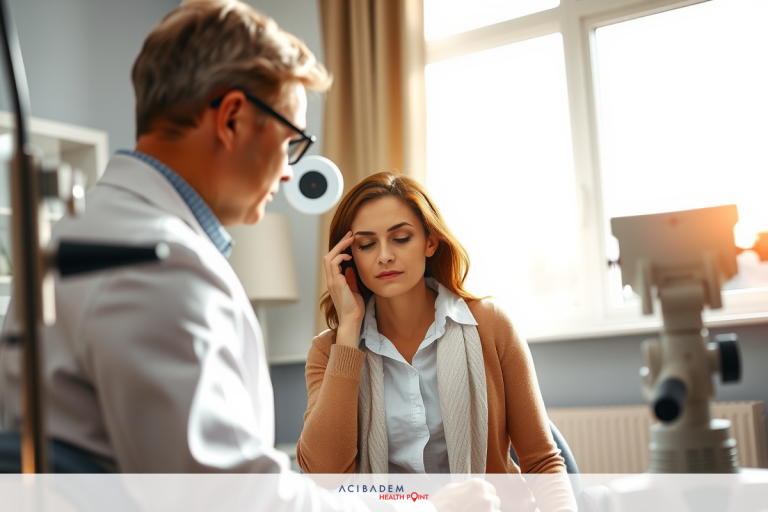 The image depicts a professional environment, likely a medical office or clinic. There are two individuals present; one appears to be a female patient wearing business attire, holding her head with a slight.
