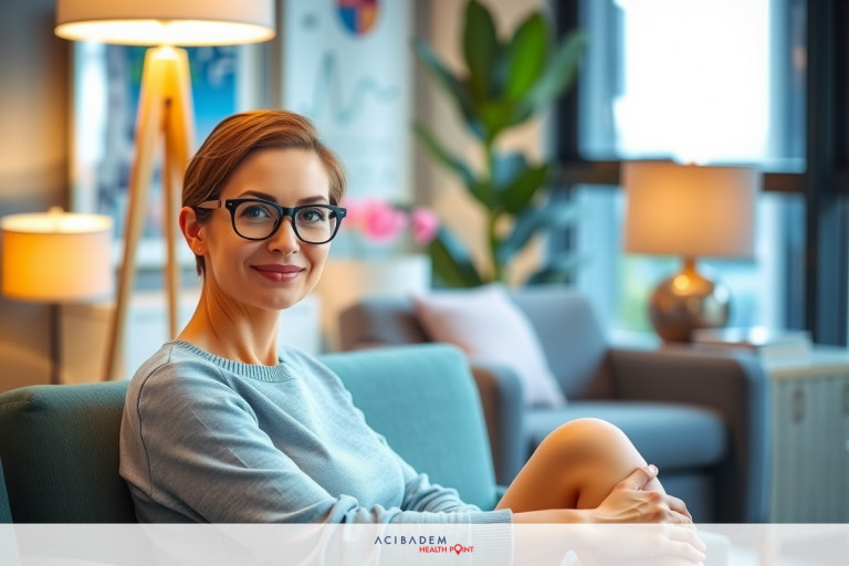 When Does Laser Eye Surgery Work A woman wearing glasses is seated on a couch in an office environment. She has her legs crossed and smiles towards the camera.