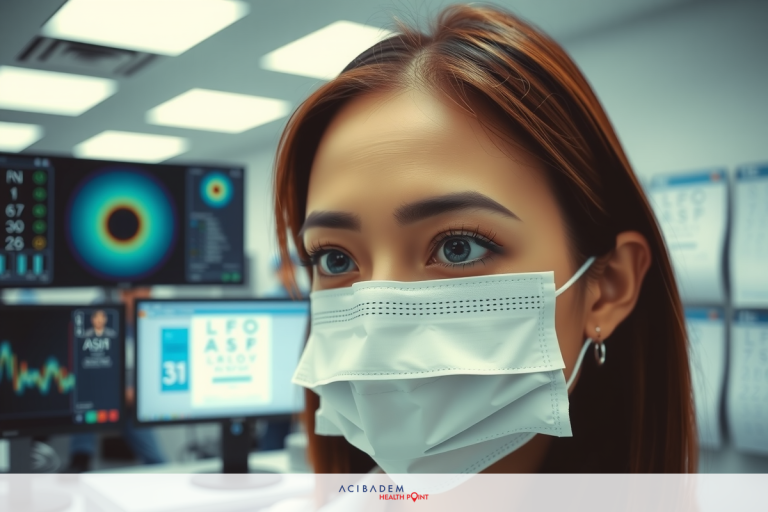 Close-up portrait of a woman in protective medical mask. She is looking towards the camera. The background features medical monitors and charts, indicating a healthcare setting.