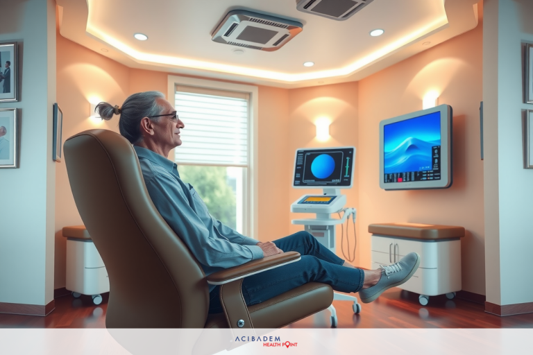 This is a scene depicting an older man in a medical setting. He is seated comfortably on a reclining chair, likely for a checkup or treatment session. The environment suggests modern medical technology. The scene conveys a sense of trust and care between patient and provider in a well-equipped healthcare facility.