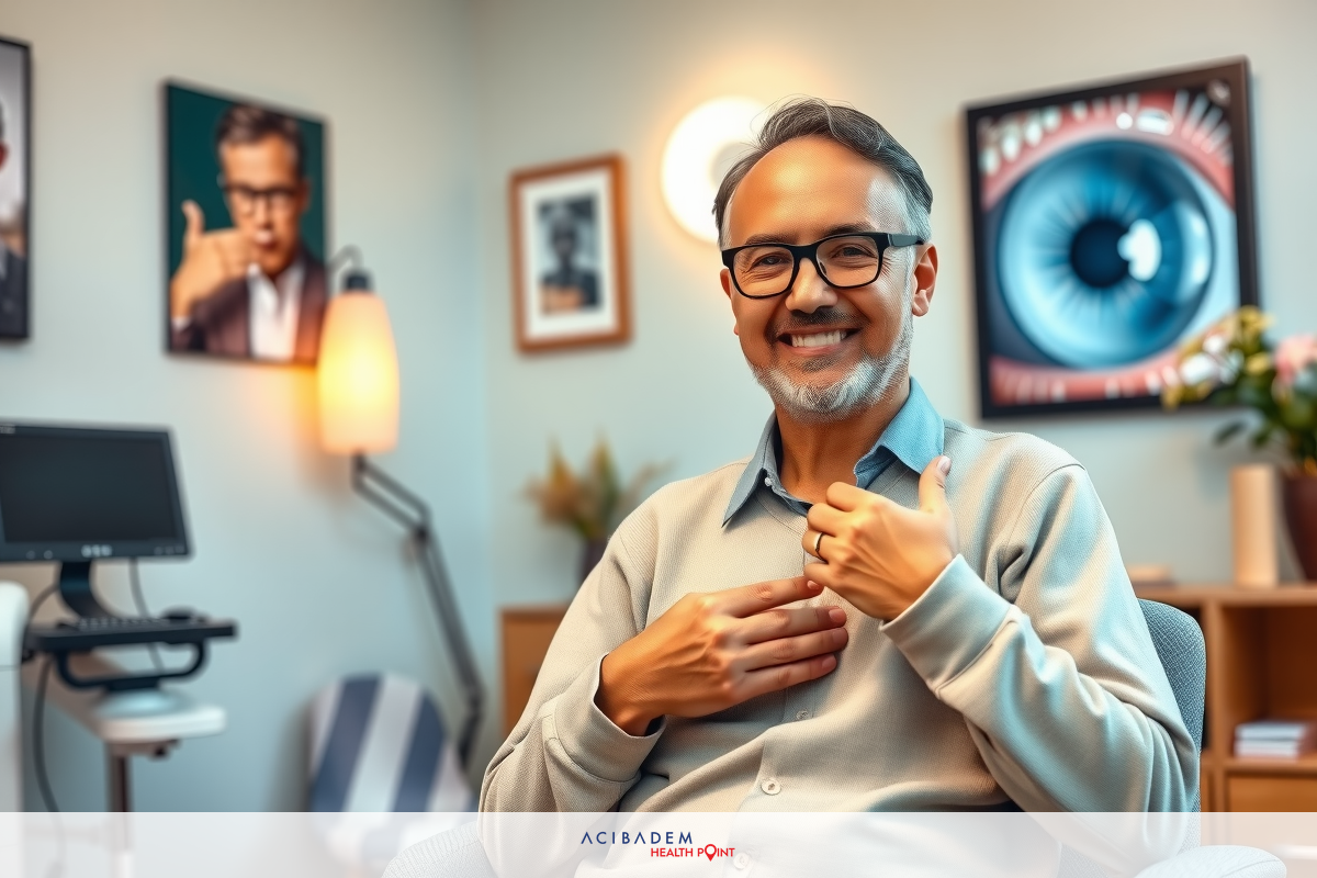 The image depicts a man sitting in an office environment, smiling and wearing glasses. He is dressed casually. The office space has modern decor with framed pictures on the wall and various objects like books and a potted plant. The ambiance suggests a professional yet relaxed setting.