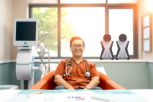 This image shows a male doctor sitting in an examination room. He is wearing a orange lab coat and glasses. The room has medical equipment. There's a bright light source outside the window, suggesting it might be early morning or midday.