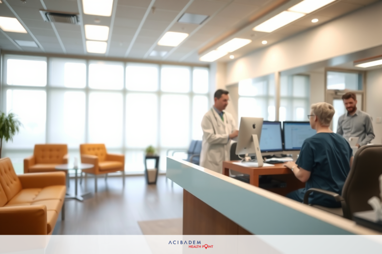 A professional office setting with a man in medical attire talking to another person. The environment is clean and well-lit, suggesting an organized and efficient workspace.