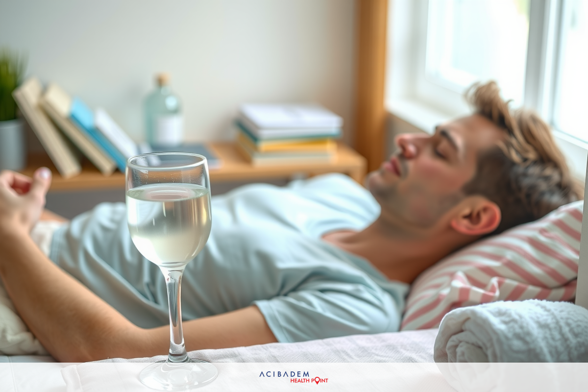 The image features a young man lying down in a comfortable room with natural light coming through the window. He is relaxed, possibly enjoying some leisure time or rest. Next to him on the nightstand are books and a glass of water, which suggests a sense of tranquility and indulgence.
