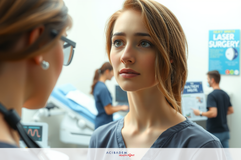 Image depicts a medical setting, featuring a woman in scrubs looking at another person with concern. A nurse or doctor is presenting information to her. The environment suggests a healthcare facility, and the colors are mostly neutral due to the clinical surroundings.