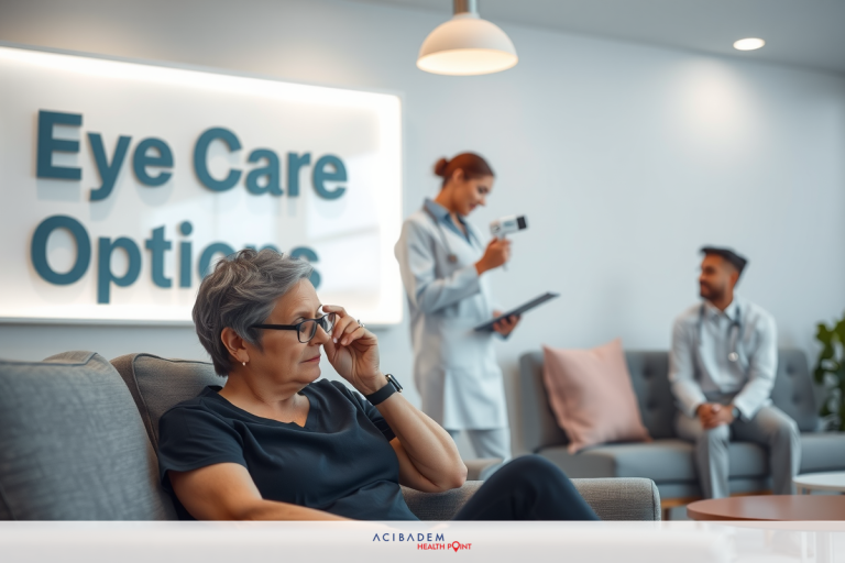The image shows an interior space labeled 'EYE CARE OPTIONS' as indicated by text on a wall. Three individuals are present in the office: one sitting on a couch, wearing glasses and looking at something off-frame; the other is standing behind a desk and appears to be engaged in conversation or documentation of the seated person.